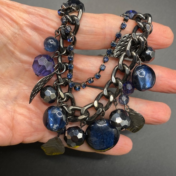 COOKIE LEE Blue Glass Beads Rhinestones Gunmetal Black Chain Statement Necklace - Picture 6 of 8